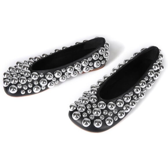 Women's Black Ballet Flats Mesh Silver Pearl Dress Shoes Work Party Everyday - Picture 3 of 7